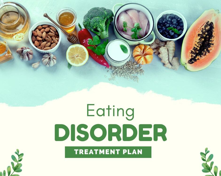 A variety of healthy foods such as nuts, honey, lemon, broccoli, chicken, blueberries, papaya, yogurt, and seeds above the text Eating Disorder Treatment Plan on a light background with leaf decorations.