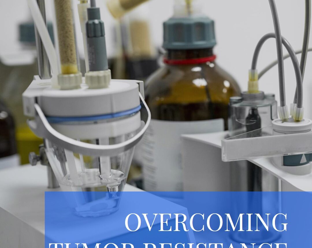 Laboratory equipment and chemical bottles arranged on a countertop, with tubes connected to a device. Text overlay reads Overcoming Tumor Resistance in white letters on a blue background.