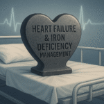 A hospital bed with a heart-shaped tombstone on it reads Heart Failure & Iron Deficiency Management, with an ECG line in the background, symbolizing the seriousness of these medical conditions.
