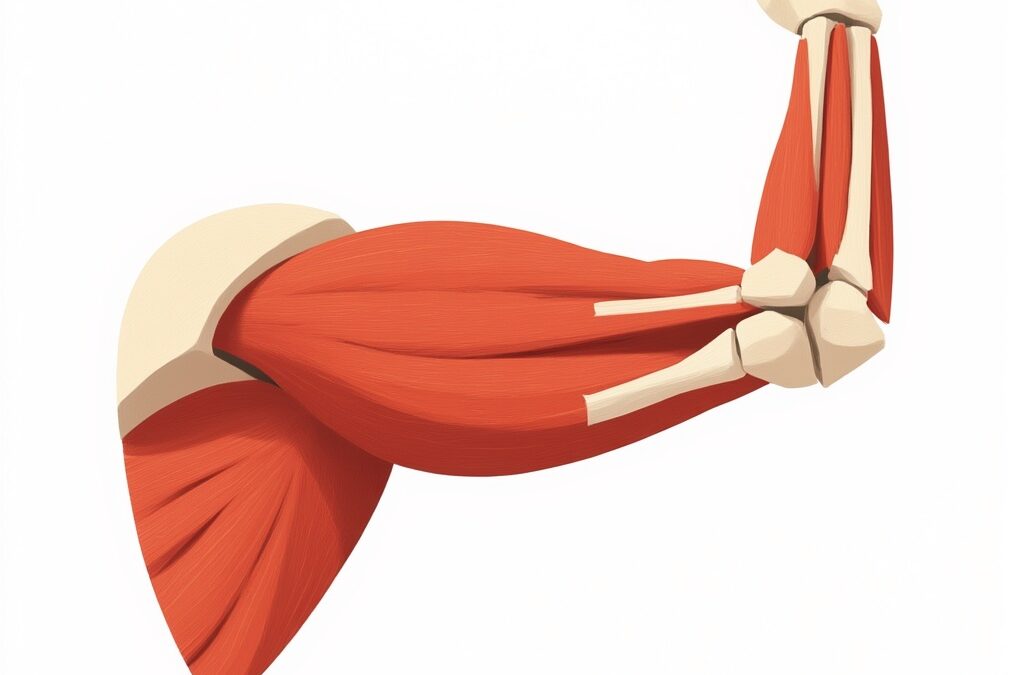 An illustration of a flexed human arm showing muscles and bones, with red muscle fibers and beige bones visible, depicted on a plain white background.