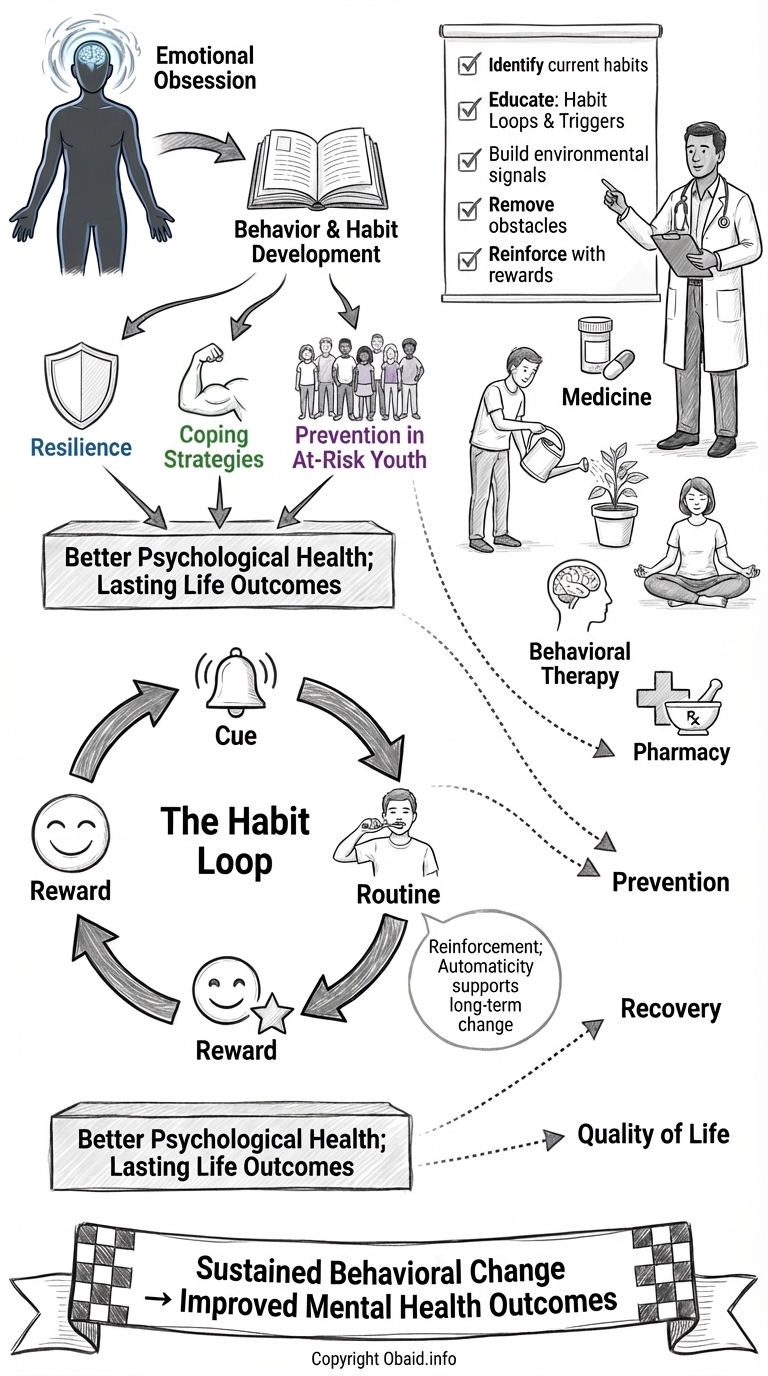 Infographic illustrating the habit loop for mental health: shows the cycle of cue, routine, reward; factors like prevention, coping strategies, support, and medicine; all leading to sustained behavioral change and improved mental health outcomes.