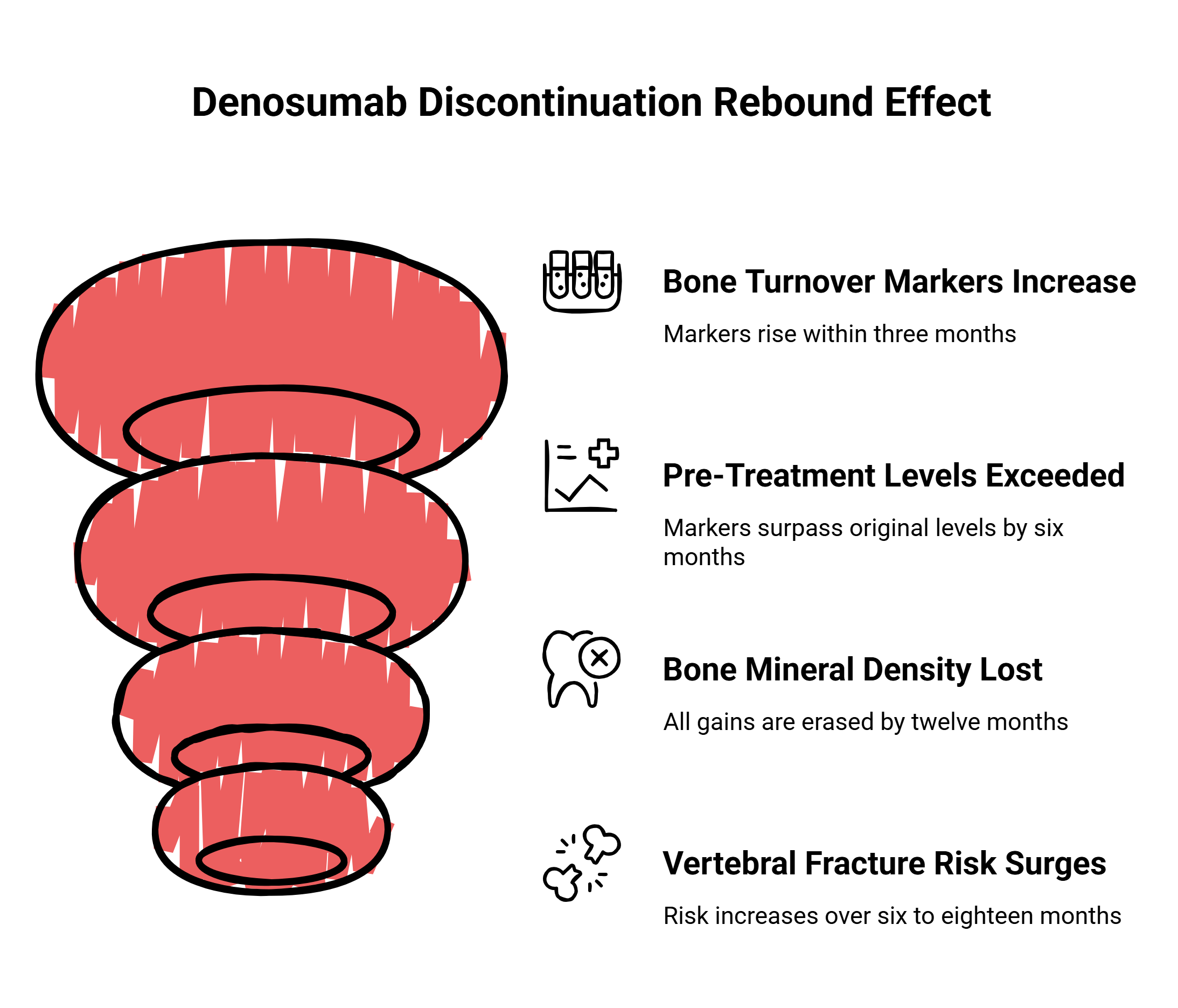 Infographic titled Denosumab Discontinuation Rebound Effect with a red spiral illustrating progression. Four effects on bone health are listed: bone turnover markers increase, markers exceed pre-treatment levels, bone mineral density loss, and vertebral fracture risk surges.