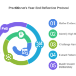 A colorful spiral infographic titled Practitioners Year-End Reflection Protocol guides your year in review with five steps: 1. Gather Evidence, 2. Identify High Moments, 3. Challenge Narrative, 4. Extract Patterns, 5. Build Forward Deliberately for personal growth.