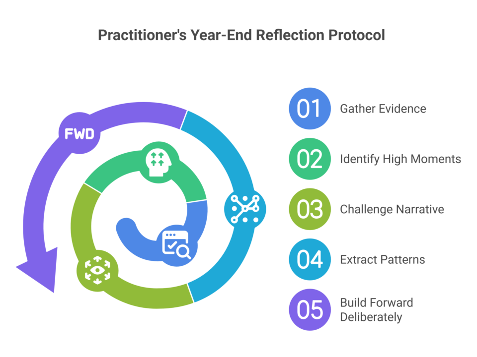 A colorful spiral infographic titled Practitioners Year-End Reflection Protocol guides your year in review with five steps: 1. Gather Evidence, 2. Identify High Moments, 3. Challenge Narrative, 4. Extract Patterns, 5. Build Forward Deliberately for personal growth.
