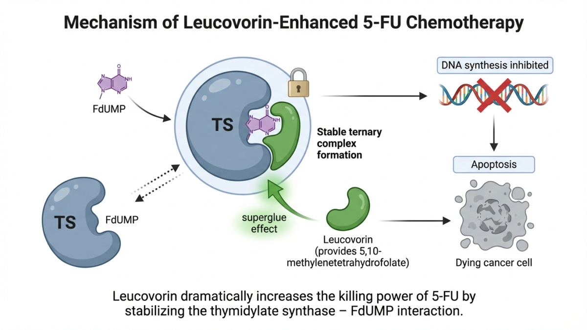 Diagram illustrating how leucovorin, a vitamin, boosts 5-FU chemotherapy: leucovorin stabilizes the FdUMP-thymidylate synthase complex, inhibiting DNA synthesis and causing cancer cell apoptosis.