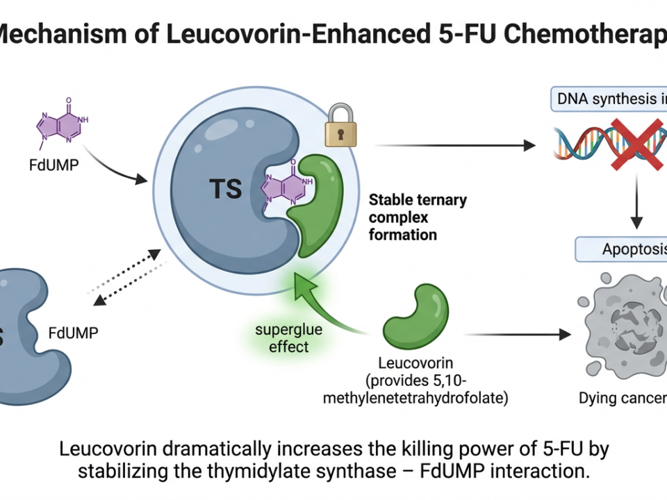 Diagram illustrating how leucovorin, a vitamin, boosts 5-FU chemotherapy: leucovorin stabilizes the FdUMP-thymidylate synthase complex, inhibiting DNA synthesis and causing cancer cell apoptosis.