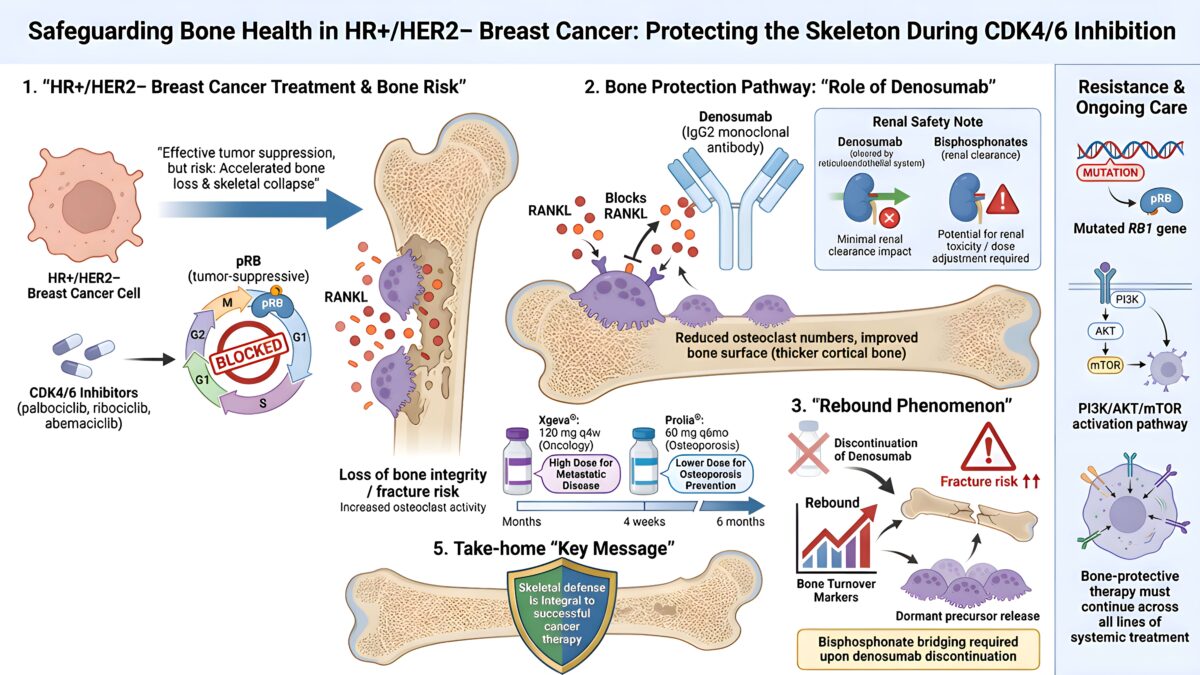 Infographic explains bone health in HR+/HER2- breast cancer, showing how CDK4/6 inhibition and cancer therapy affect the skeleton, denosumab’s protective role, rebound risk, and key bone care tips. Includes illustrations of bones, cells, and drugs.