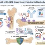 Infographic explains bone health in HR+/HER2- breast cancer, showing how CDK4/6 inhibition and cancer therapy affect the skeleton, denosumab’s protective role, rebound risk, and key bone care tips. Includes illustrations of bones, cells, and drugs.
