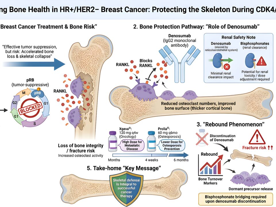Infographic explains bone health in HR+/HER2- breast cancer, showing how CDK4/6 inhibition and cancer therapy affect the skeleton, denosumab’s protective role, rebound risk, and key bone care tips. Includes illustrations of bones, cells, and drugs.
