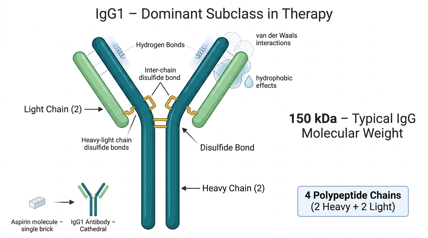 Diagram of an IgG1 antibody showing two heavy and two light chains, labeled molecular interactions and bonds, with a note to Don't Shake the Vial due to its 150 kDa weight and typical 4 polypeptide chain structure.