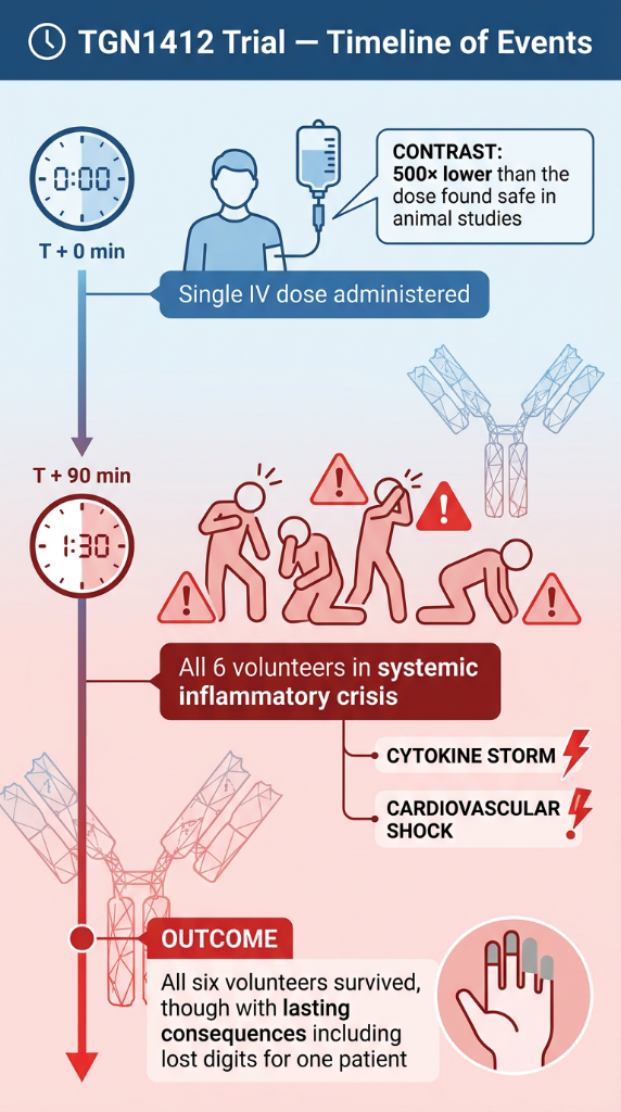 Infographic showing the TGN1412 trial timeline: After a single IV dose—despite warnings like "Don't Shake the Vial"—all six volunteers faced a systemic inflammatory crisis at 90 minutes, with lasting effects, including lost digits for one patient.