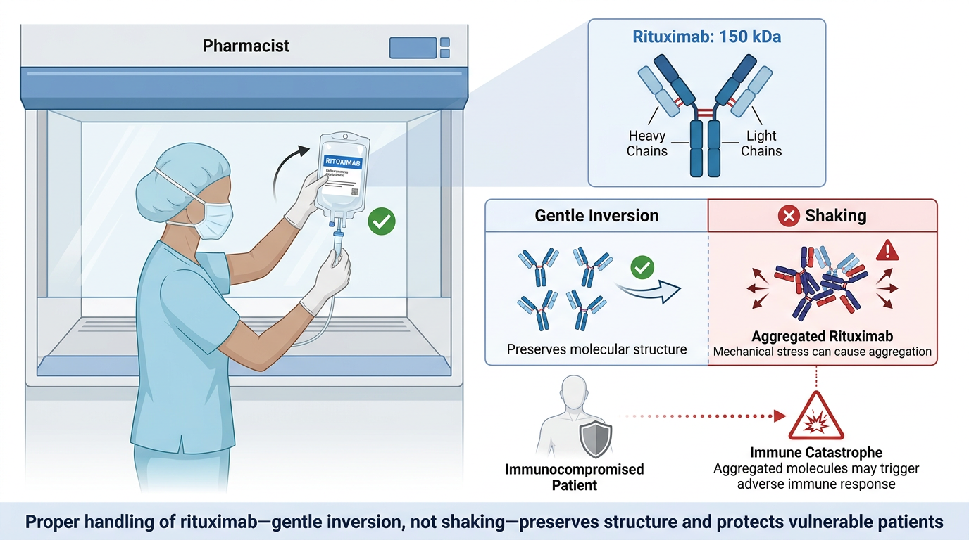 A pharmacist gently inverts a rituximab IV bag inside a sterile hood. A diagram contrasts gentle inversion with shaking, highlighting the importance of "Don't Shake the Vial" to protect immunocompromised patients from antibody aggregation.