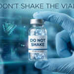 A gloved hand holds a vial labeled DO NOT SHAKE, with laboratory equipment and molecular diagrams blurred in the background. “Don’t Shake the Vial” is emphasized at the top as a key reminder for safe handling.