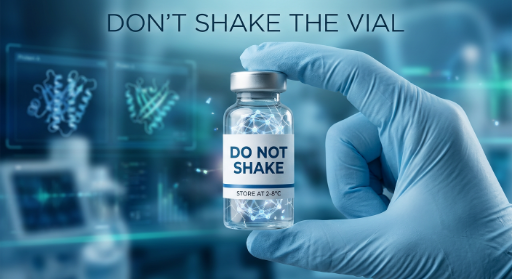 A gloved hand holds a vial labeled DO NOT SHAKE, with laboratory equipment and molecular diagrams blurred in the background. “Don’t Shake the Vial” is emphasized at the top as a key reminder for safe handling.